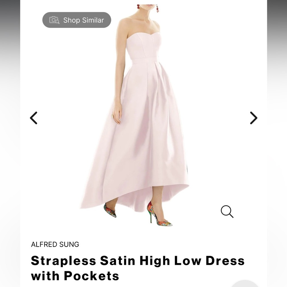Alfred Sung strapless high-low blush dress with POCKETS, size 10
